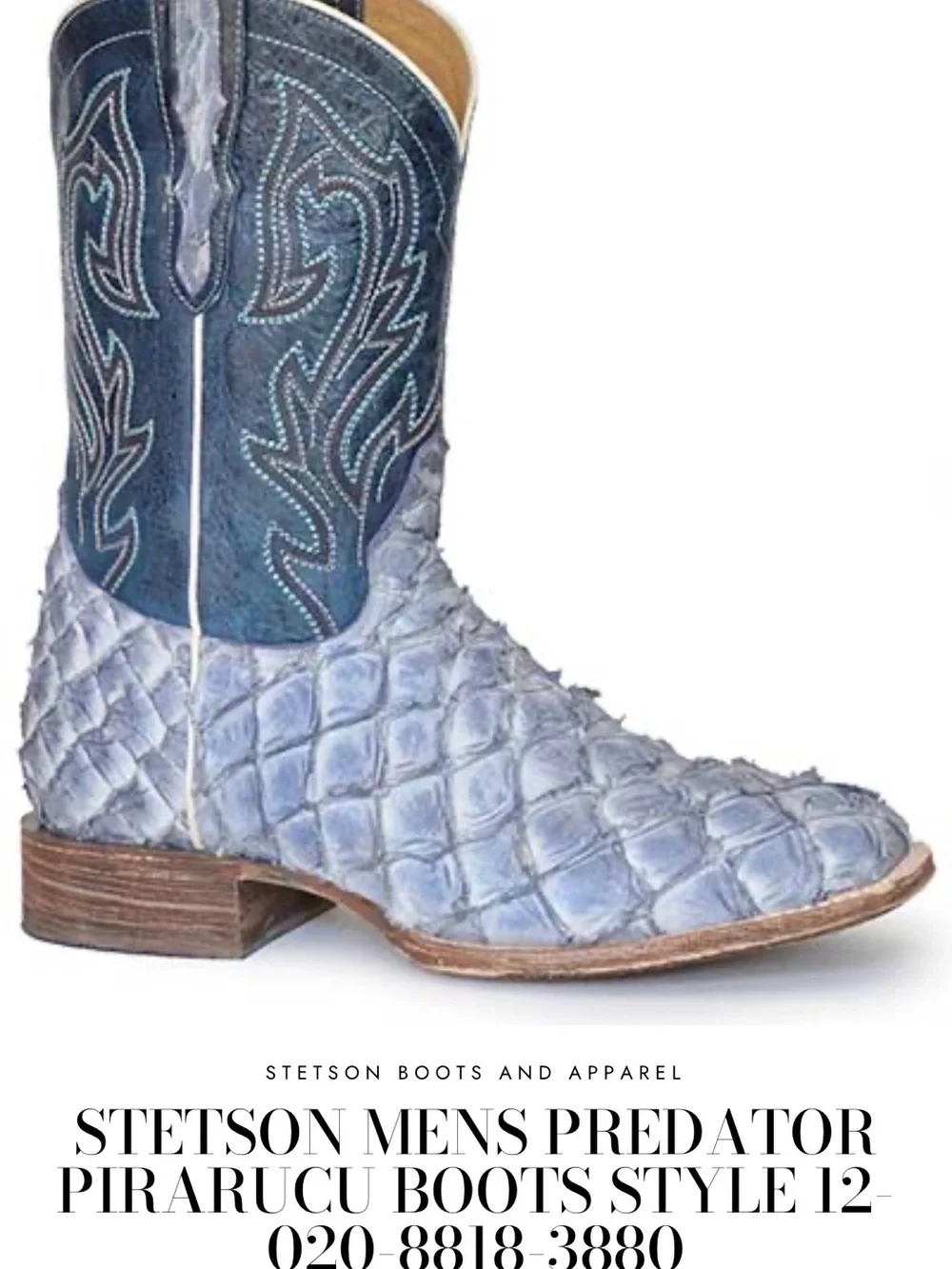 Stetson Blue Exotic Fish Scale Pirarucu Cowboy Boots